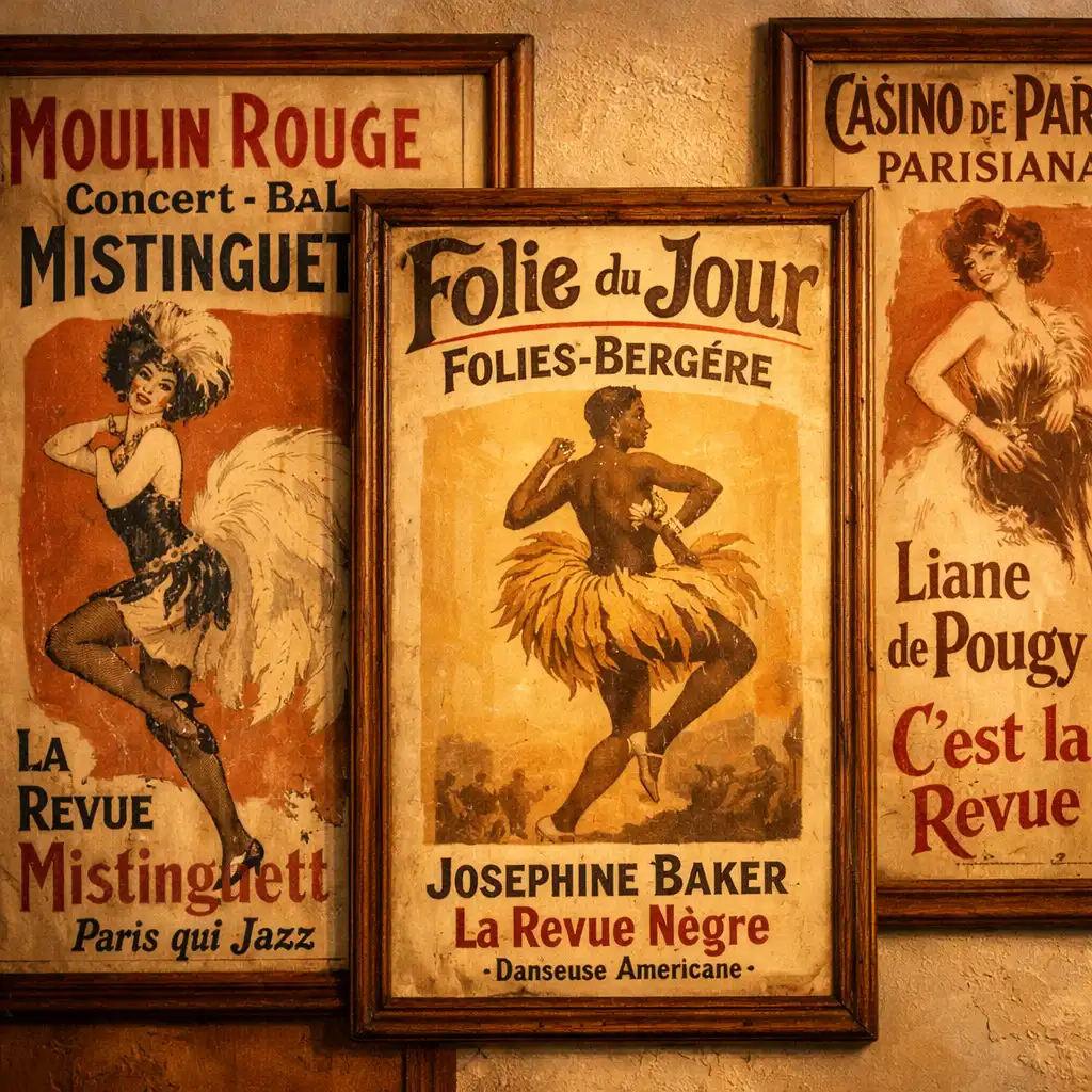 Mur orné d'affiches de spectacles parisiens anciennes encadrées