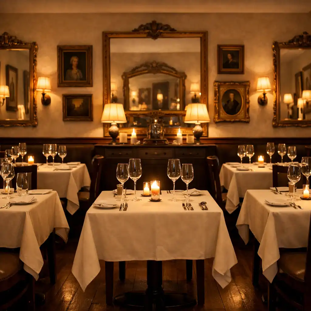 Salle du Bistro Aubier avec tables dressées, bougies et ambiance intime