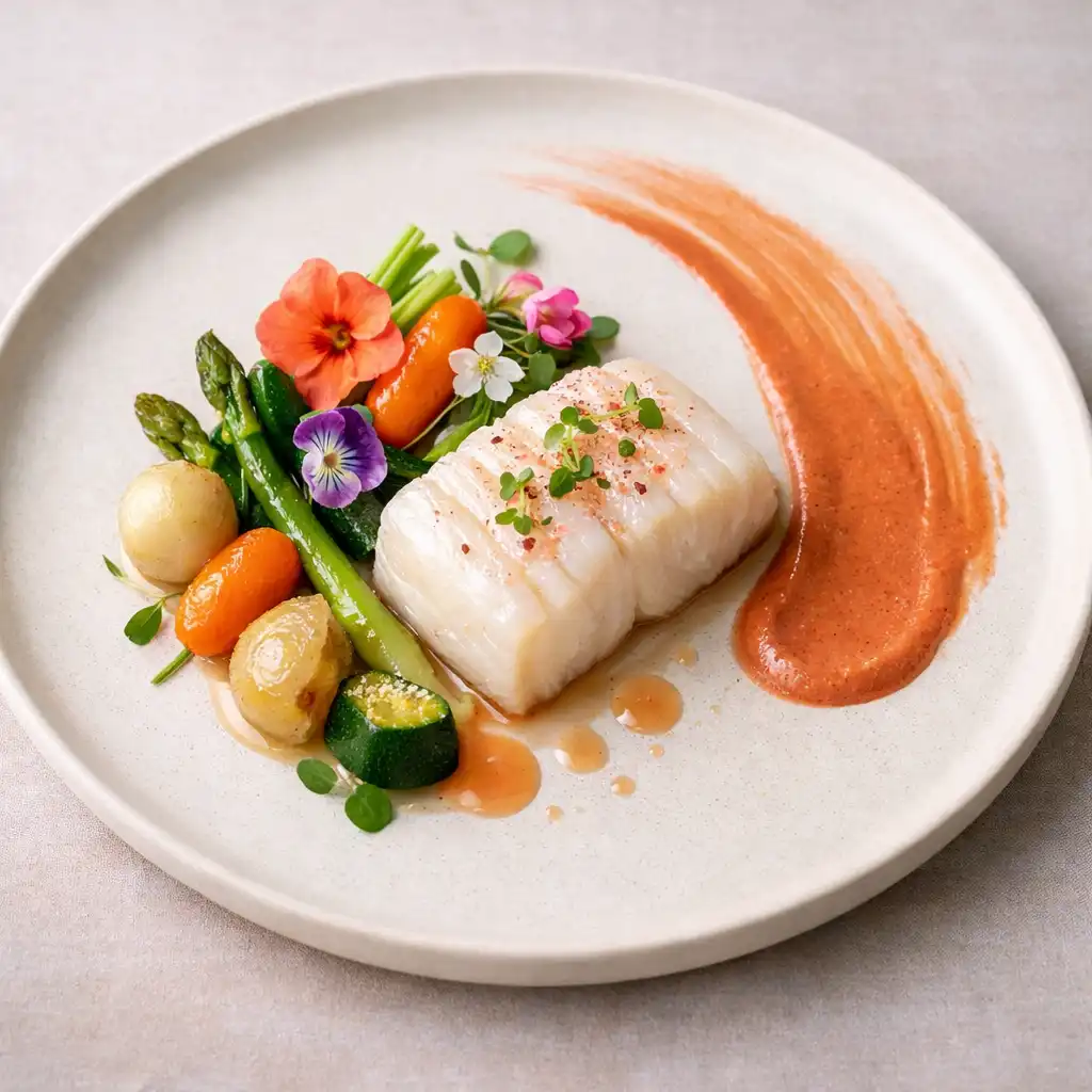 Assiette finale dressée avec soin : filet de poisson nacré, légumes glacés et fleurs comestibles