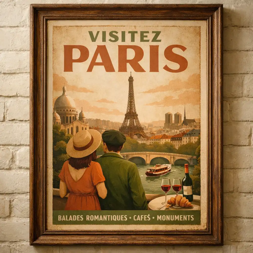 Affiche parisienne vintage encadrée sur un mur crème, source d'inspiration bohème