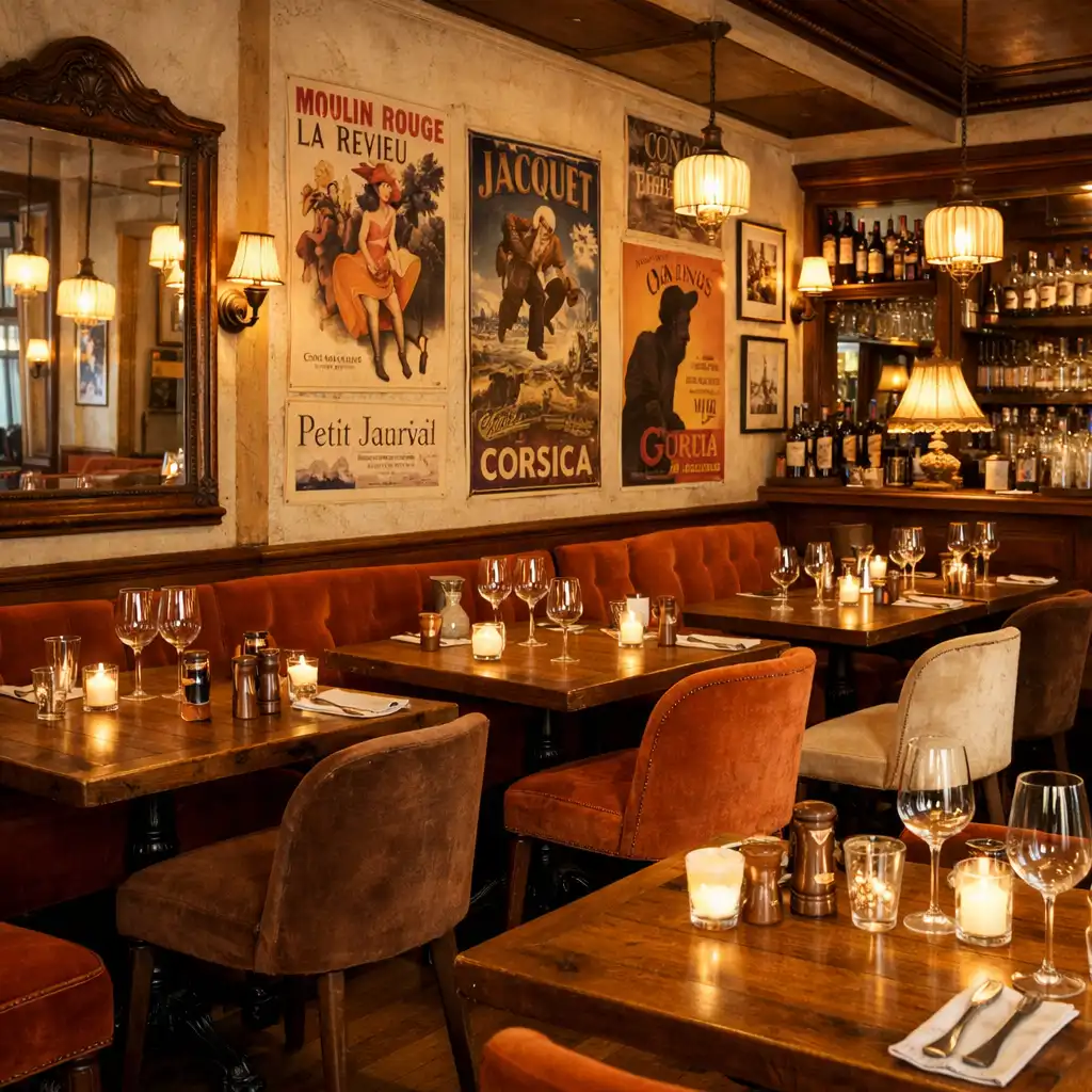 Intérieur chaleureux du Bistro Aubier avec tables en bois et lumière tamisée