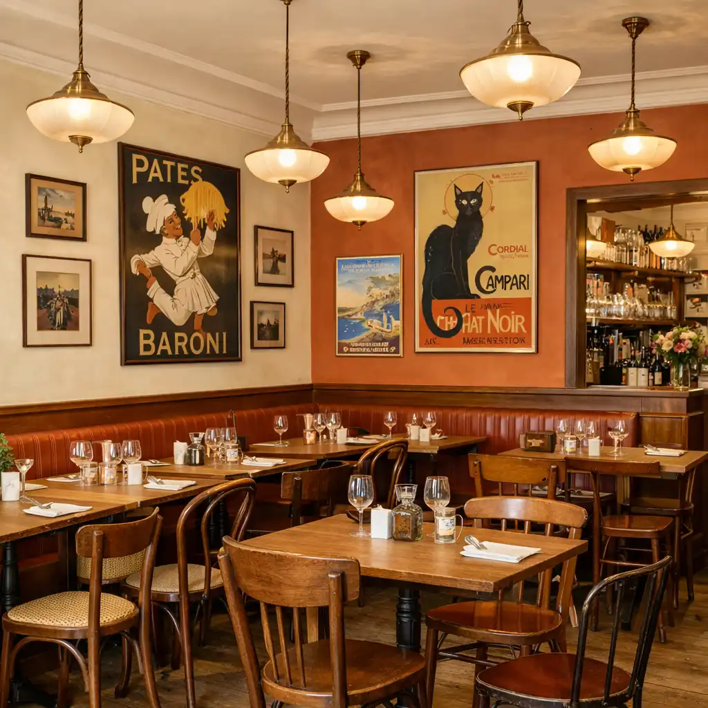Salle principale du Bistro Aubier avec tables en bois et affiches aux murs