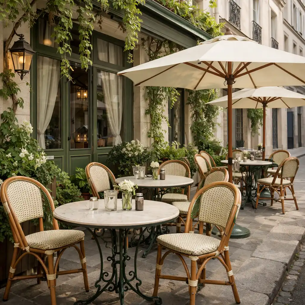Terrasse du Bistro Aubier avec tables en fer forgé et plantes grimpantes