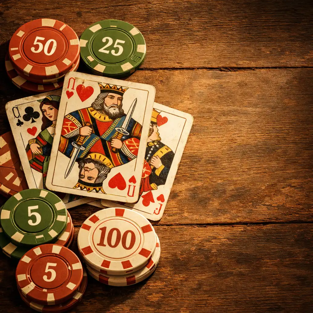 Cartes à jouer et jetons de poker en céramique disposés sur une table en bois