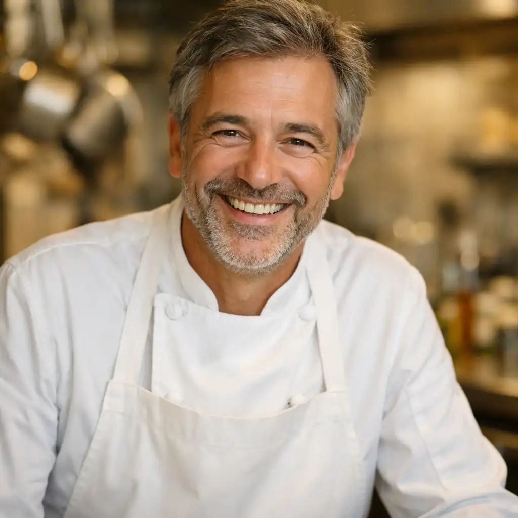 Portrait du chef du Bistro Aubier en tenue blanche dans sa cuisine