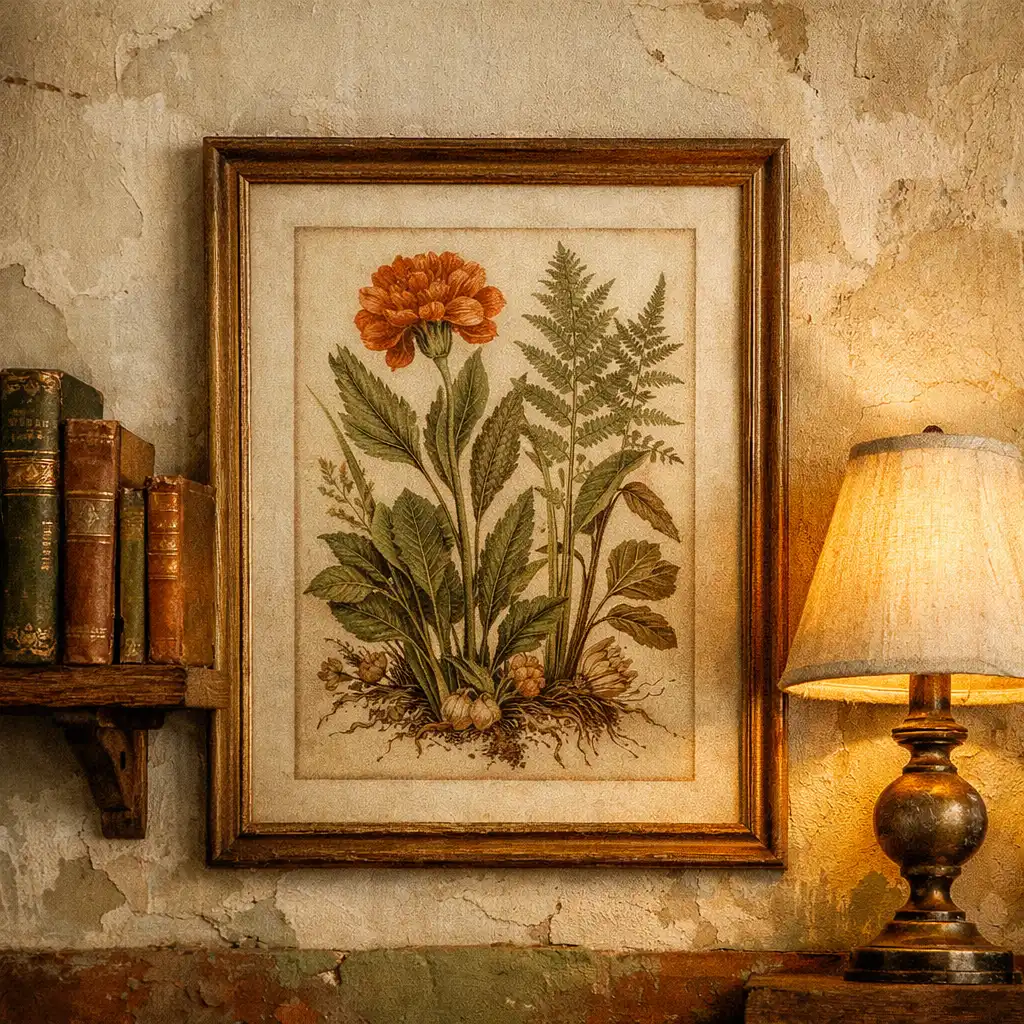 Détail artistique avec illustration botanique encadrée et lampe à abat-jour