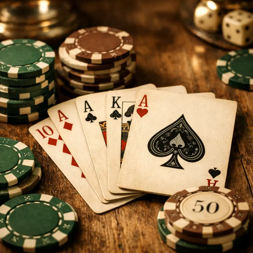 Gros plan sur des cartes à jouer et des jetons de poker sur une table en bois