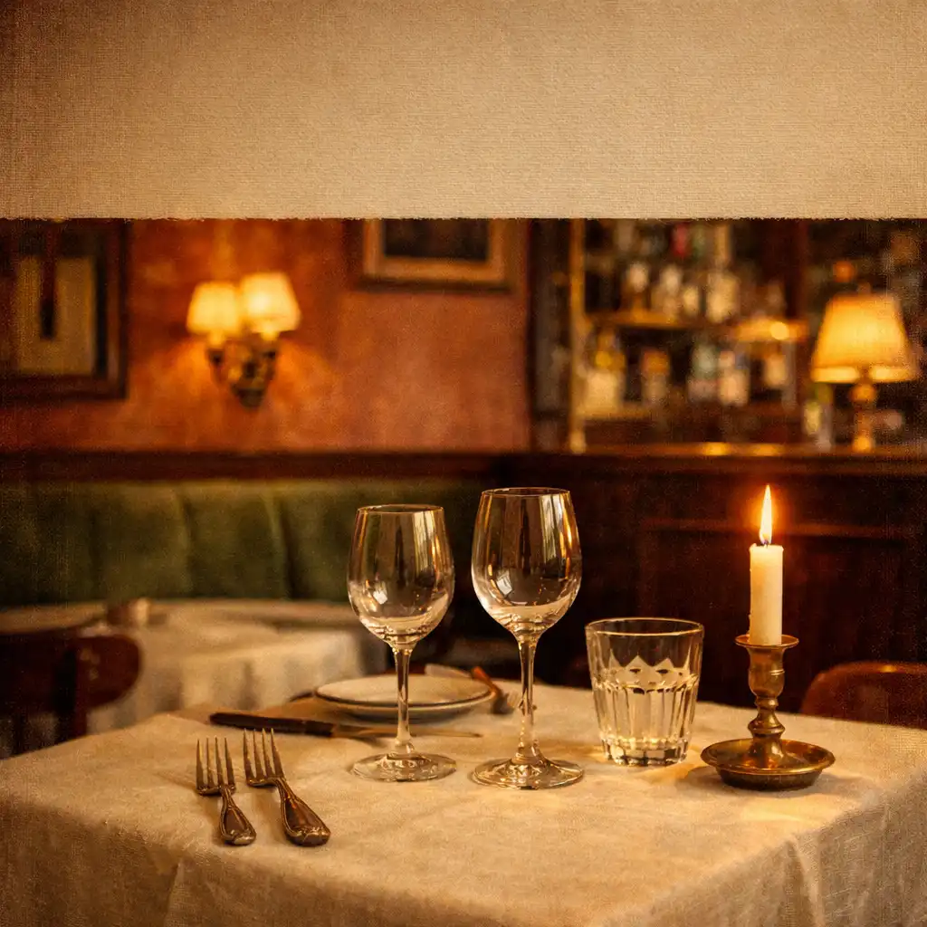 Table élégante dressée dans la salle du Bistro Aubier, avec nappe en lin crème, couverts anciens et bougie allumée