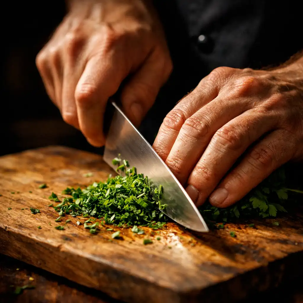 Main d'un cuisinier en train de trancher finement des herbes fraîches sur une planche