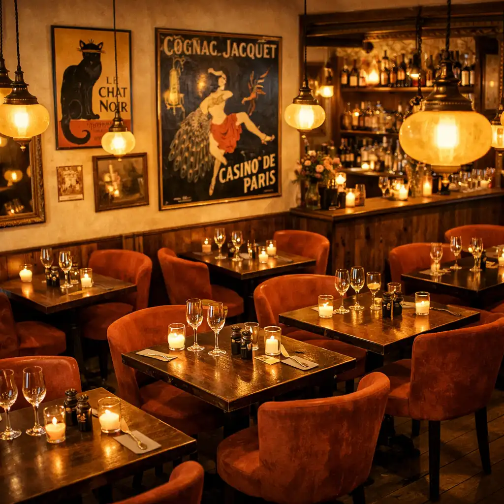 Intérieur chaleureux du Bistro Aubier avec tables en bois, chaises en velours terracotta et éclairage tamisé