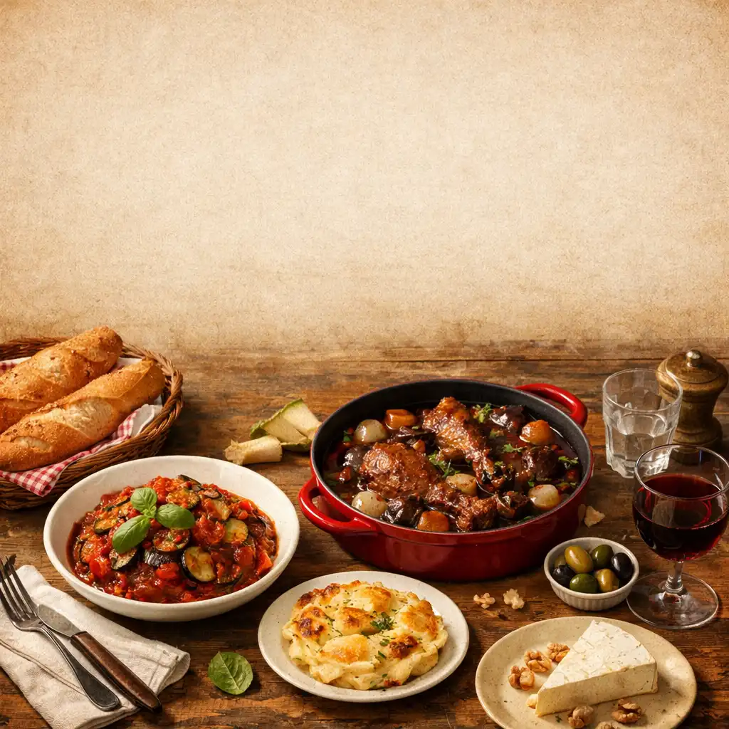 Table de bistro français dressée avec plusieurs plats traditionnels, pain et verres de vin, dans une lumière chaleureuse.