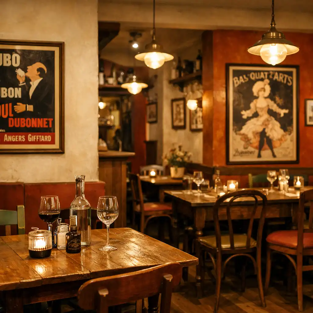 Intérieur chaleureux du Bistro Aubier avec tables en bois et affiches vintage