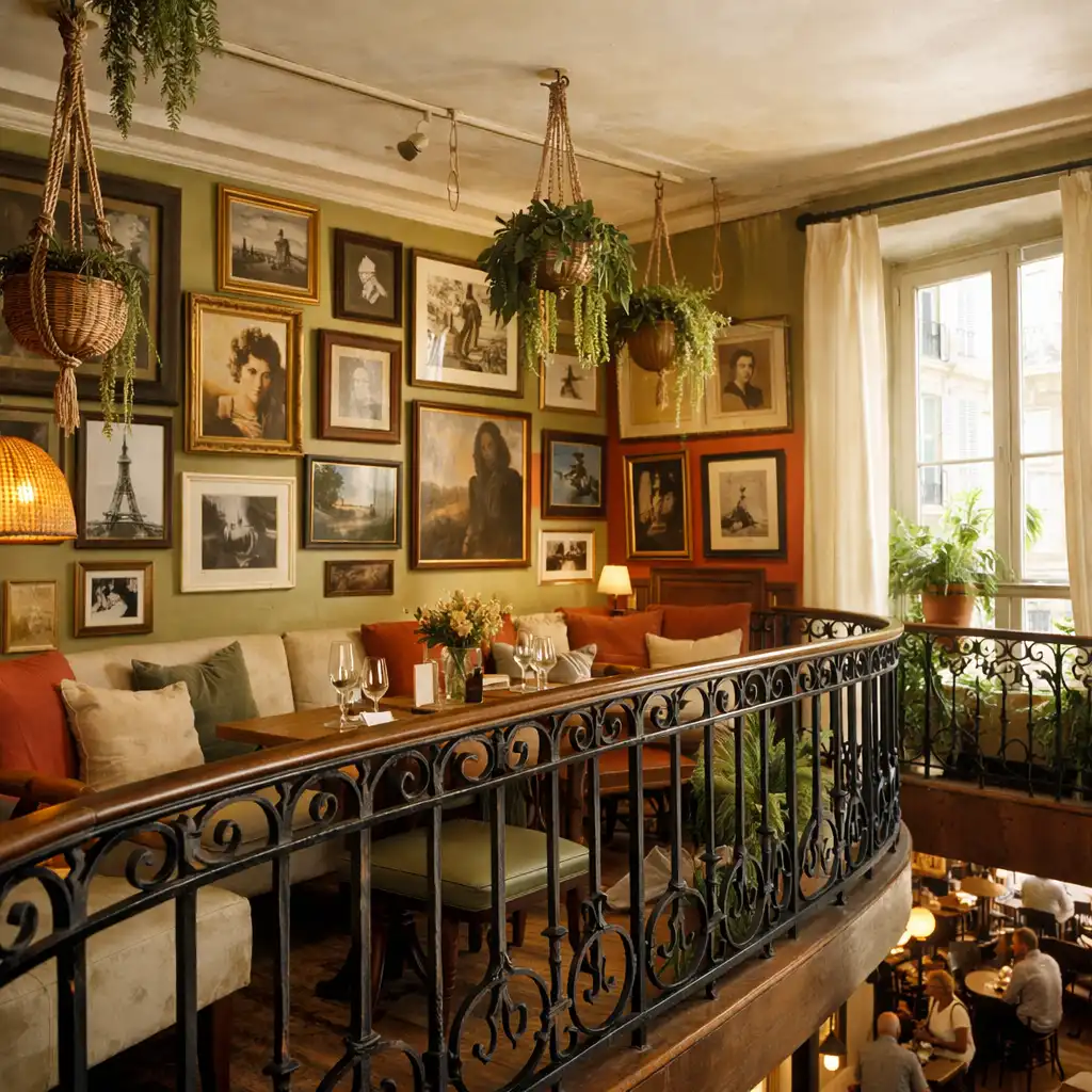 Mezzanine artistique avec murs couverts de tableaux et rambarde en fer forgé