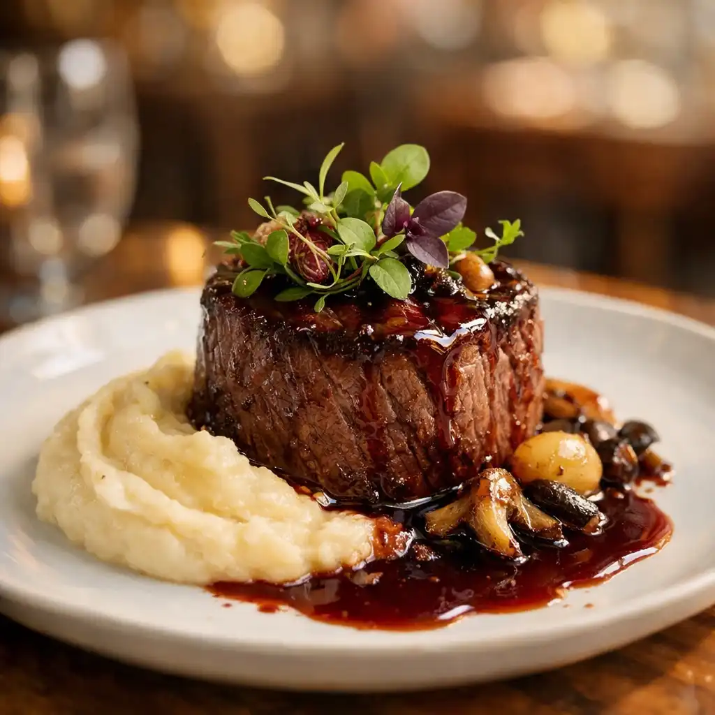 Filet de bœuf accompagné d'une purée de céleri-rave et d'une sauce au vin rouge, servi au Bistro Aubier