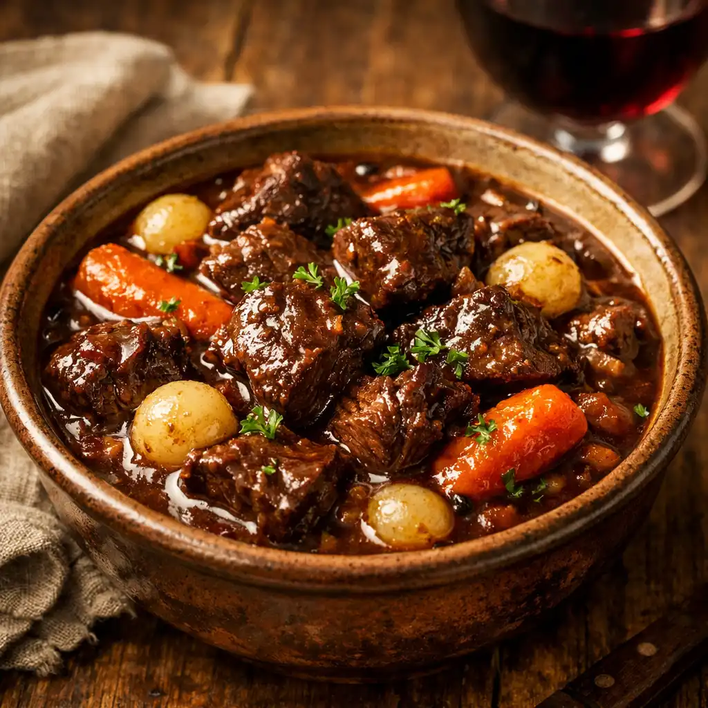 Bœuf bourguignon dans un bol en céramique rustique avec carottes, oignons et sauce au vin rouge.