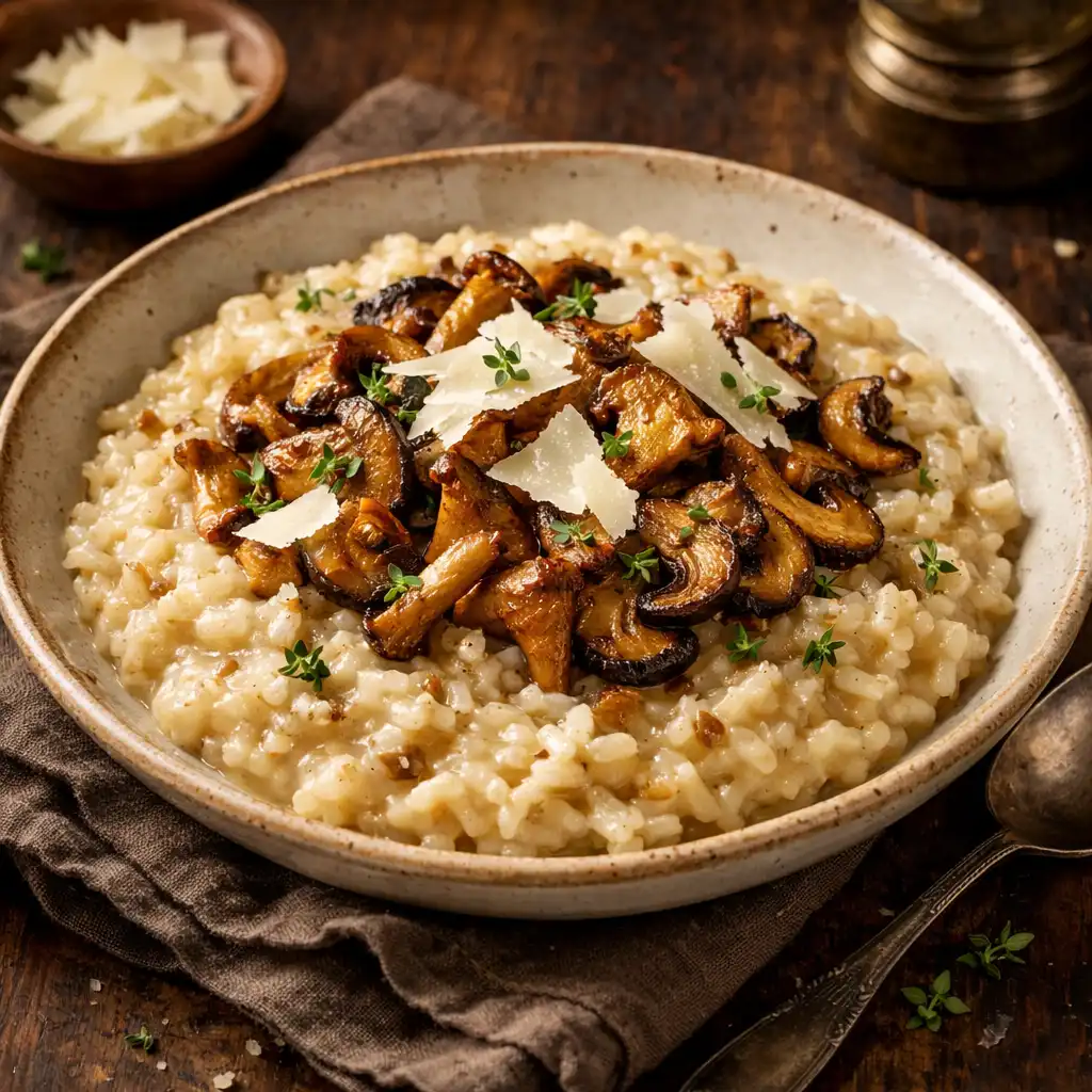 Risotto crémeux aux champignons des bois avec copeaux de parmesan et thym frais.