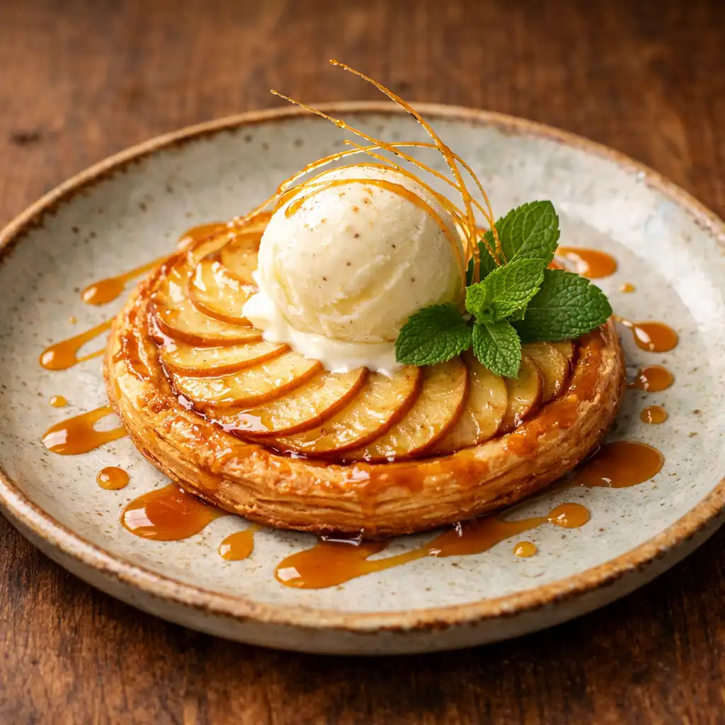 Tarte fine aux pommes avec glace vanille, dessert signature du Bistro Aubier