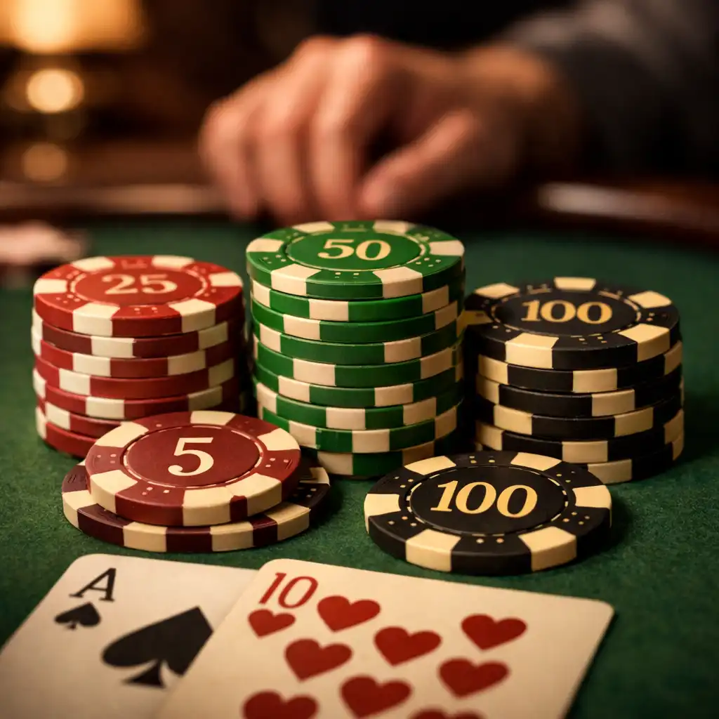 Gros plan sur une table de poker avec cartes et jetons, ambiance feutrée