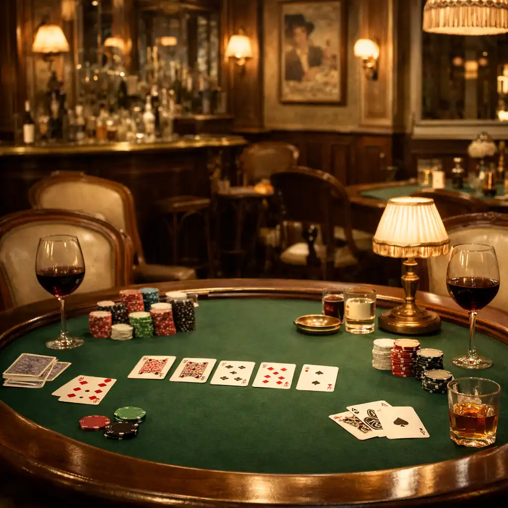 Table de poker élégante avec cartes, jetons et verres de vin dans une ambiance feutrée