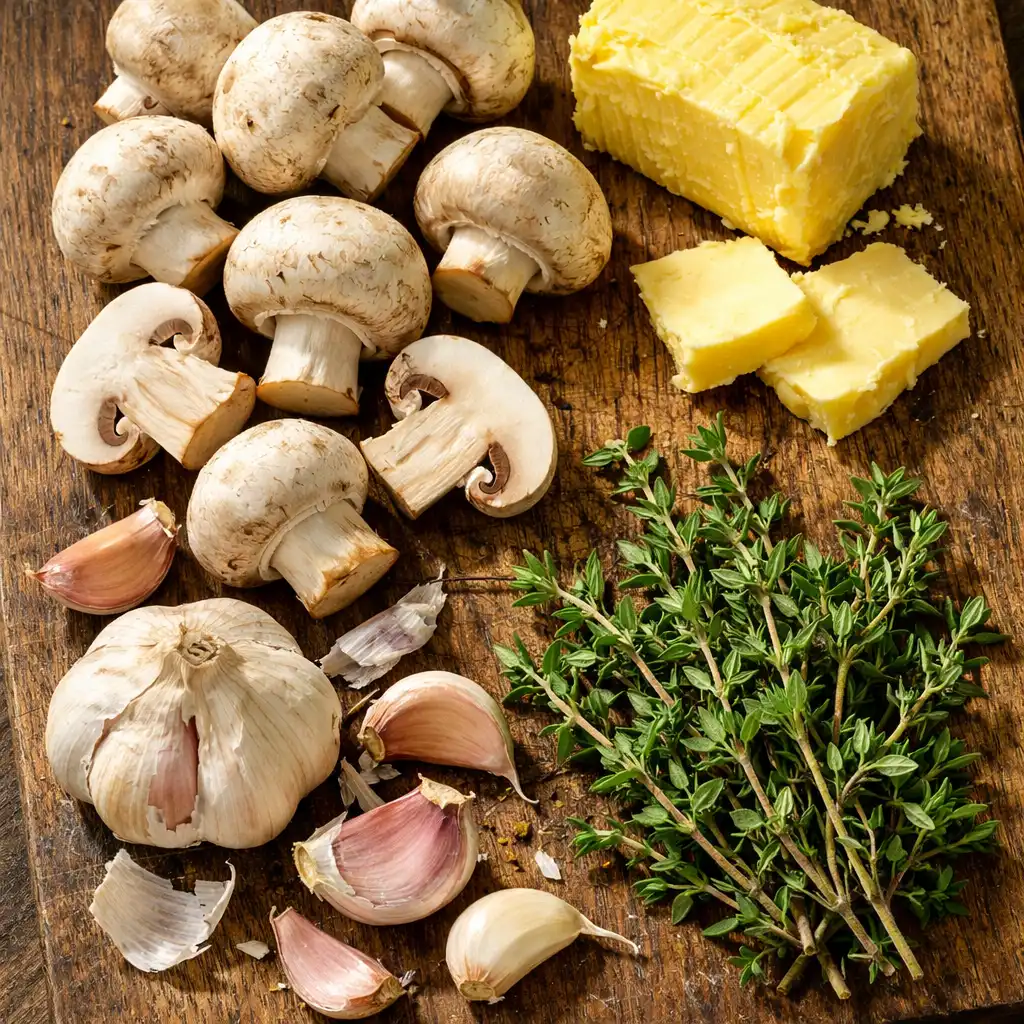 Gros plan sur des ingrédients bruts : champignons de Paris, ail, thym et beurre fermier sur une planche en bois