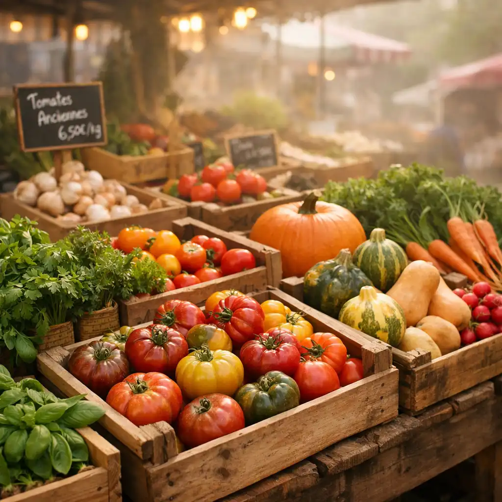 Étal de marché parisien avec des légumes de saison colorés, tomates anciennes, courges et herbes fraîches