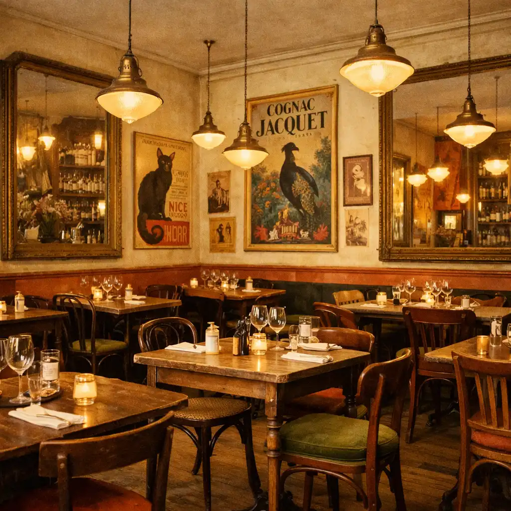 Vue de la salle principale du Bistro Aubier avec tables en bois patiné et suspensions en laiton