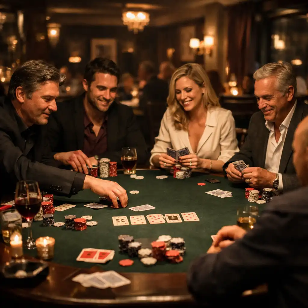 Soirée poker conviviale autour d'une table avec cartes et jetons