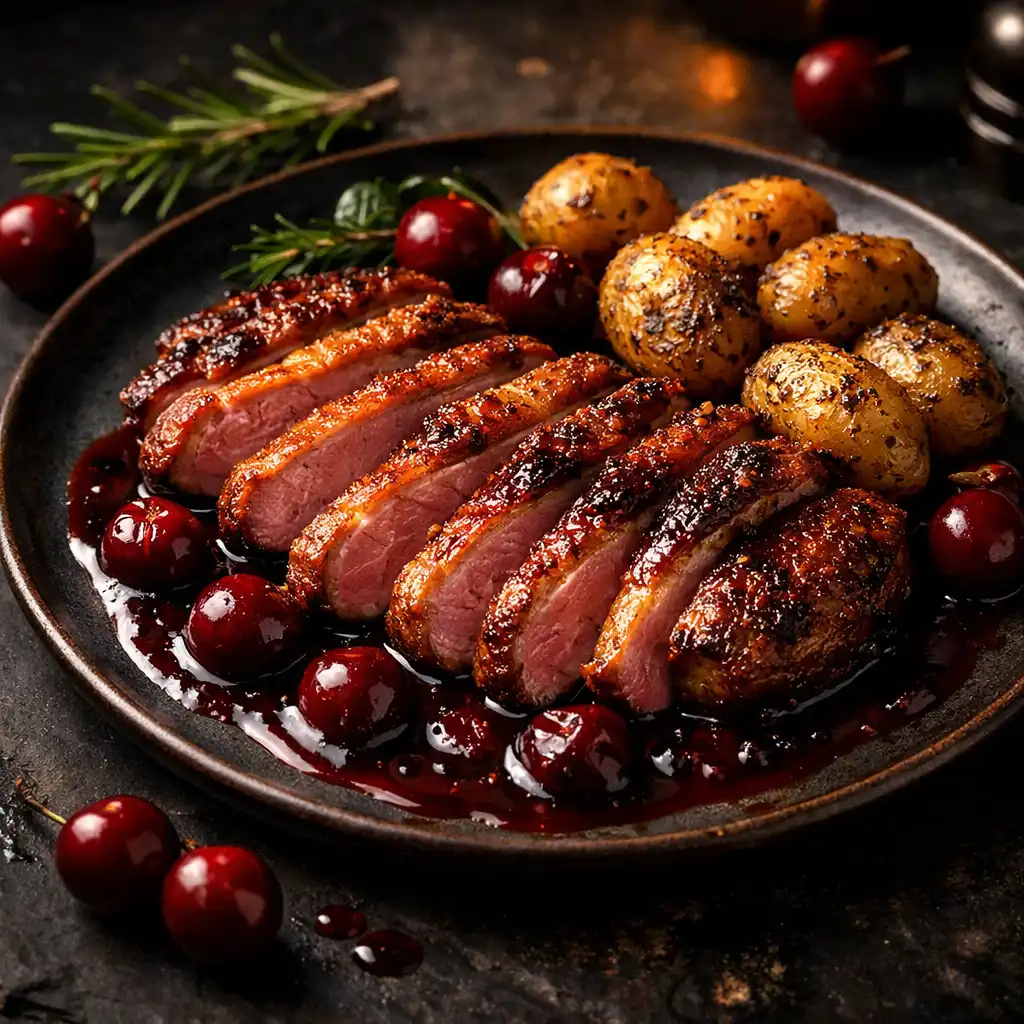 Magret de canard rôti tranché avec sauce aux cerises et pommes de terre grenaille sur une assiette élégante.