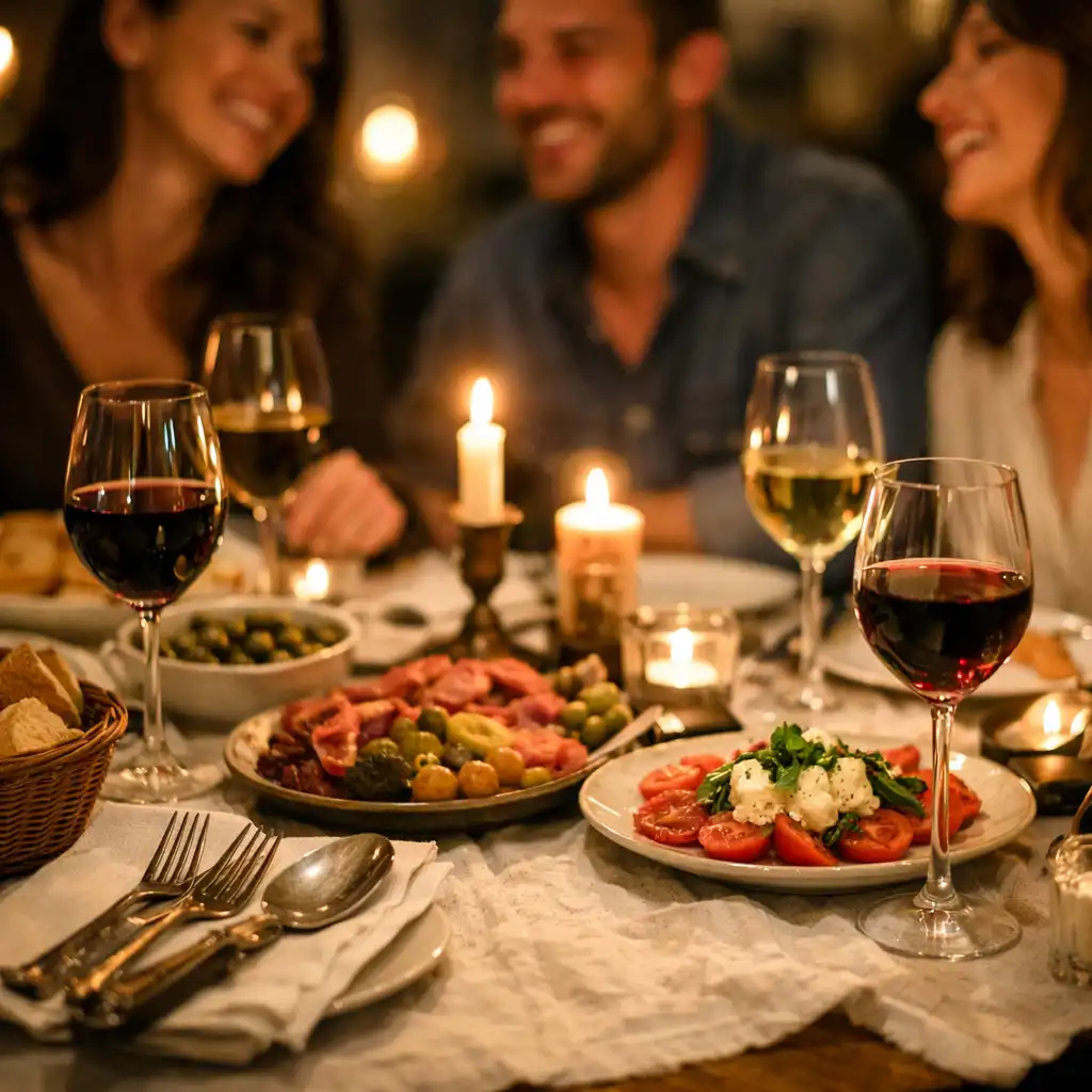 Table de bistro parisien dressée pour un dîner entre amis, avec des verres à vin et des plats à partager