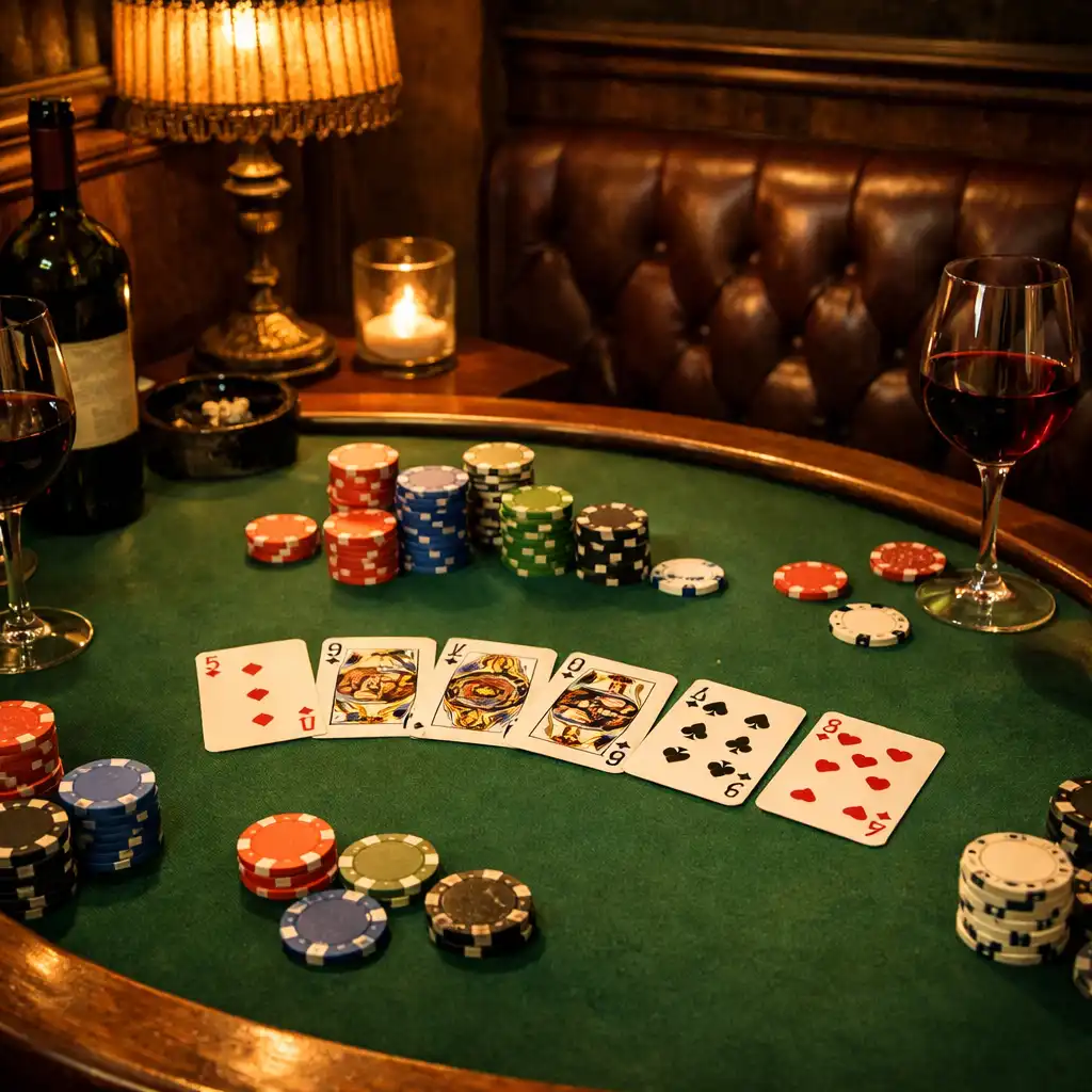 Table de poker élégante avec jetons et cartes, ambiance feutrée au Bistro Aubier