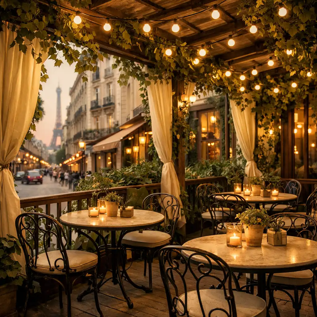 La terrasse couverte du Bistro Aubier avec plantes grimpantes, guirlandes lumineuses et tables en fer forgé