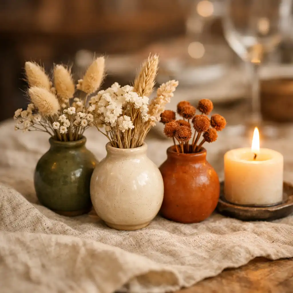 Petits vases en céramique avec fleurs séchées sur une table de restaurant